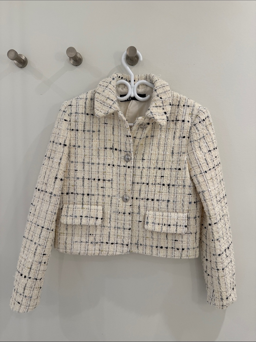 Zara Cream Tweed Cropped Blazer with Black Windowpane